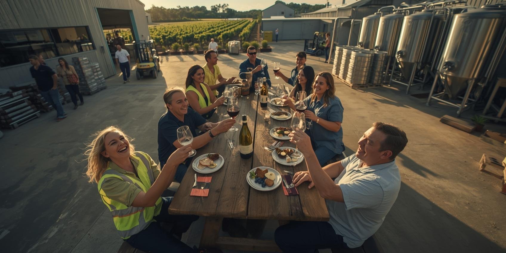 A hyper-realistic cinematic wide shot captured on a Cinema 6K camera with a 35mm lens at eye level, showing staff gathered on-site at a large commercial Australian winery during a public holiday afternoon celebration. The sett