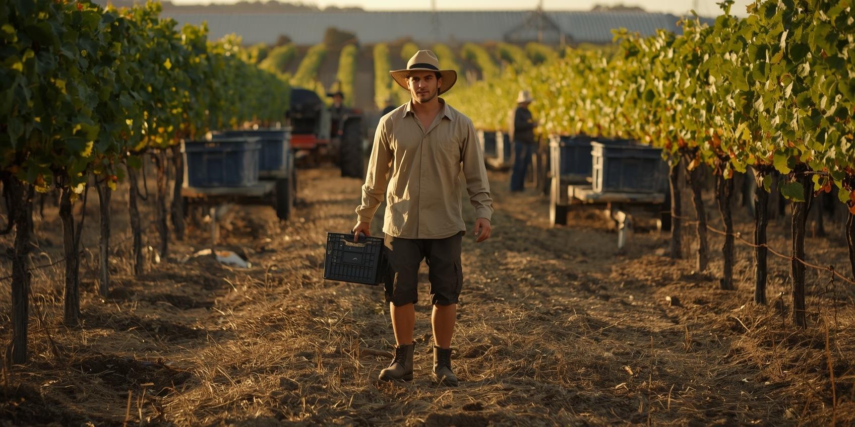 A hyper-realistic cinematic wide shot captured on a Cinema 6K camera with a 35mm lens, camera positioned slightly below shoulder height to give scale to the environment. The scene shows a short-term harvest worker in his mid-2