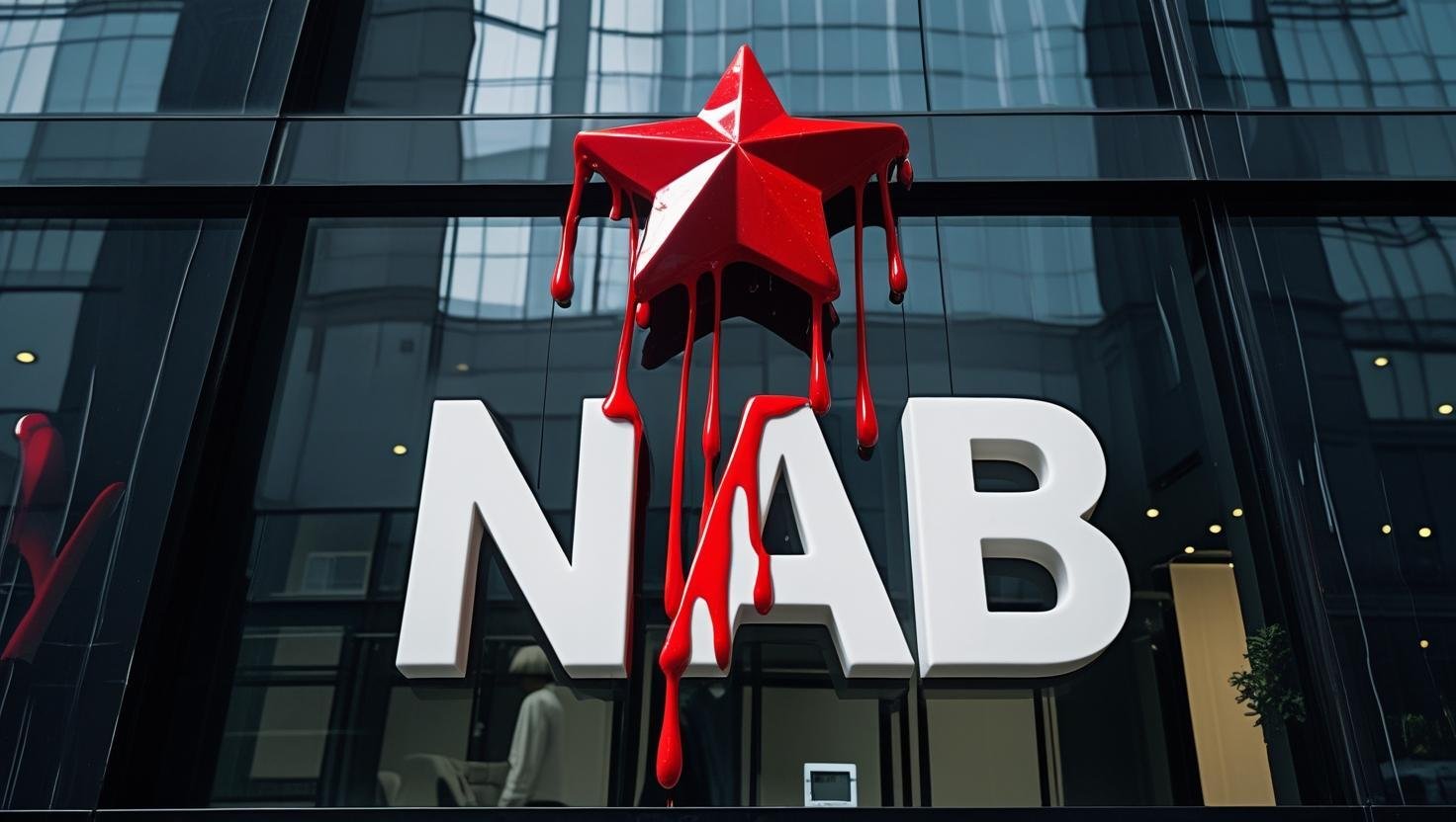 A surrealist photograph captured on a DSLR with a 50mm lens, showing the glossy black glass exterior of a bank. At the centre, a glowing six-pointed red star radiates against the surface with NAB under it