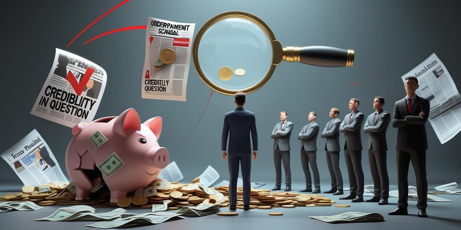 An editorial-style illustration showing a businessperson standing at the centre of a spotlight, looking overwhelmed as four looming forces surround them.__Financial penalties are represented by a giant broken pigg
