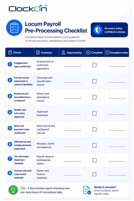 Locum payroll pre-processing checklist