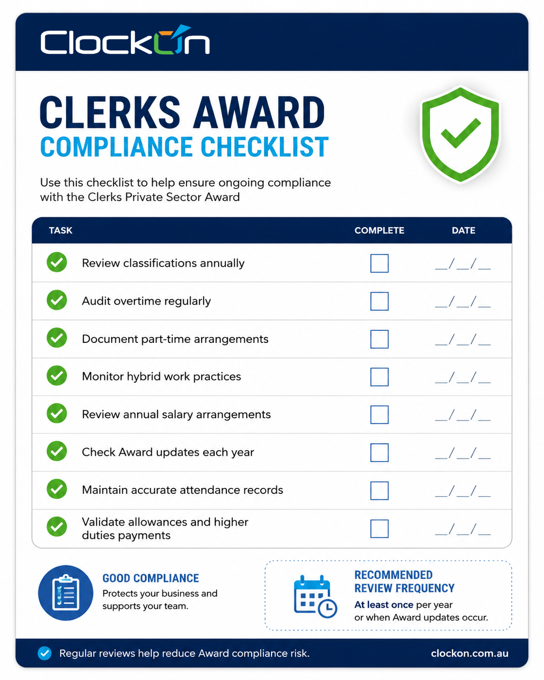 clerks award MA000002 compliance checklist