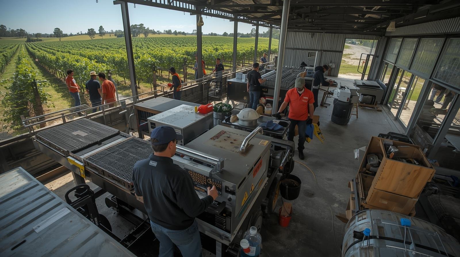 realistic working photo of Australian Vineyard _Showing vineyard hands and field workers,_Winery production staff,_Cellar door attendants,_Laboratory and quality control workers,_Maintenance and general hands,__It should be at