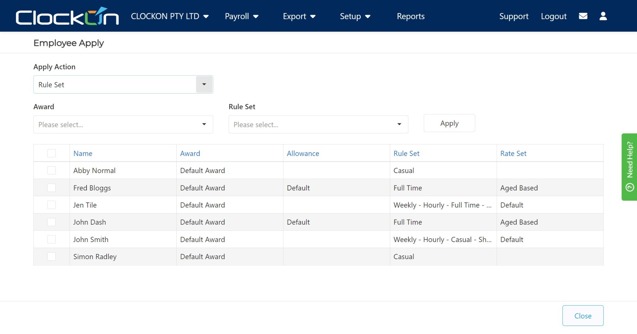 ClockOn employee assignment screen for applying an Award, rule set, rate set and allowance set