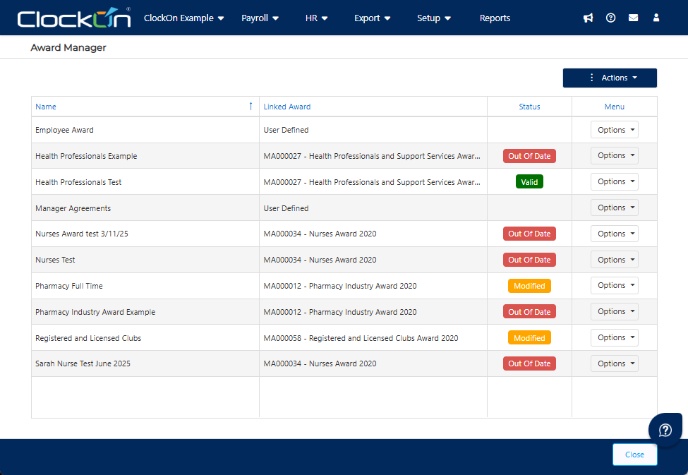 ClockOn Award Manager showing valid, modified and out-of-date Award configurations