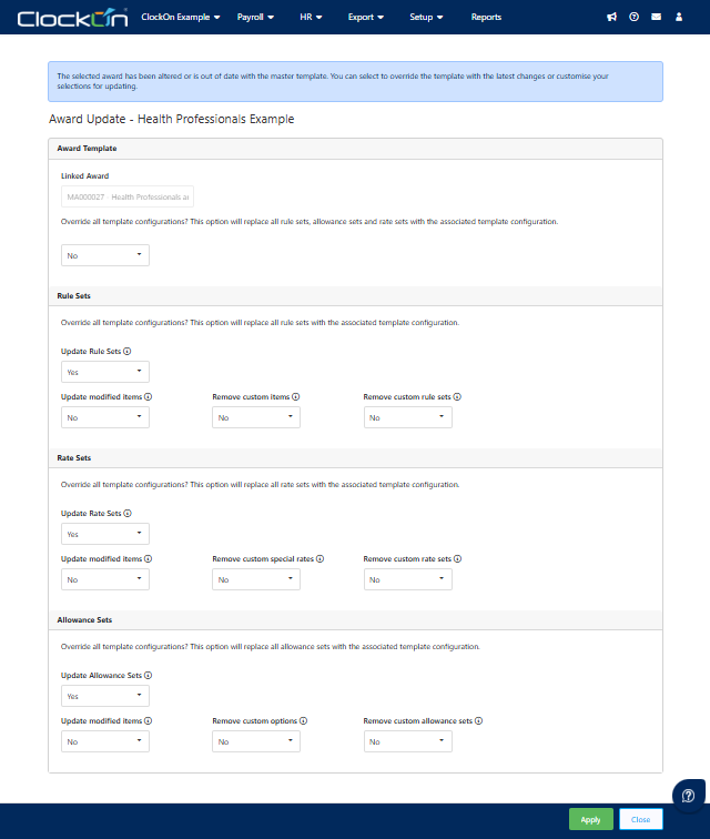 ClockOn Award update screen with separate controls for rule sets, rate sets and allowance sets