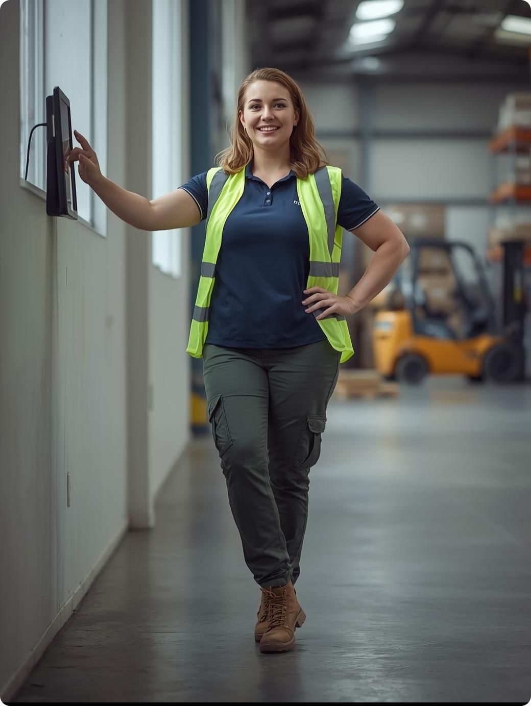 logistics worker clocking out using clockon kiosk app on wall mounted tablet