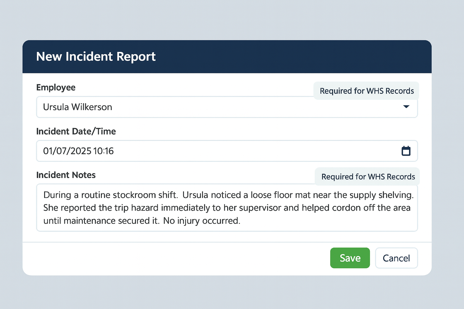 new incident report screenshot