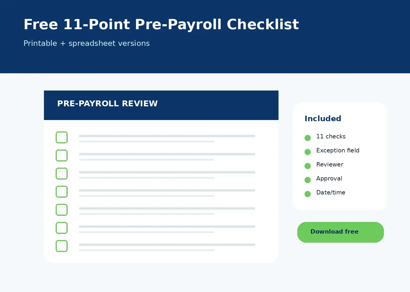 ClockOn printable 11-point pre-payroll checklist