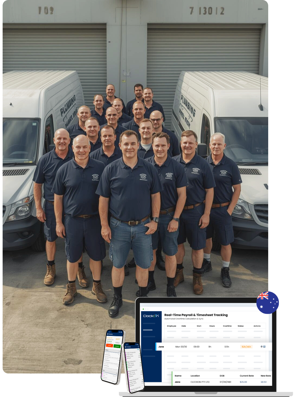 plumbers in front of warehouse with clockon software